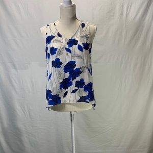 W5 Sheer White, Blue, and Black Floral Tank Top Size Small